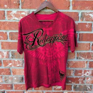 Raw State Redemption T-Shirt Mens Medium Red Gothic Skull Graphic V-Neck Tee